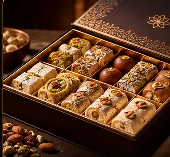 Illustrative assorted mithai in a decorative gift box