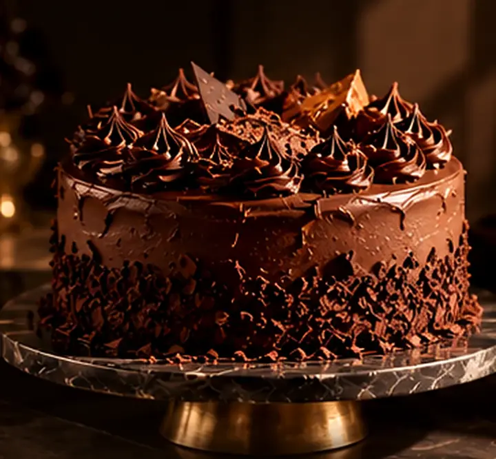 Illustrative chocolate celebration cake with chocolate decorations